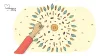Illustration of a mandala made with pebbles, dry leaves, sticks, and an empty bowl.